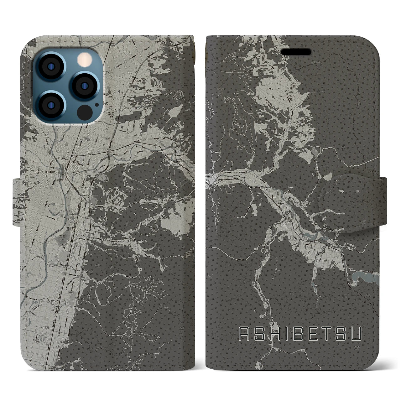 【芦別(北海道)】地図柄iPhoneケース(手帳タイプ)モノトーン・iPhone 12 / 12 Pro 用