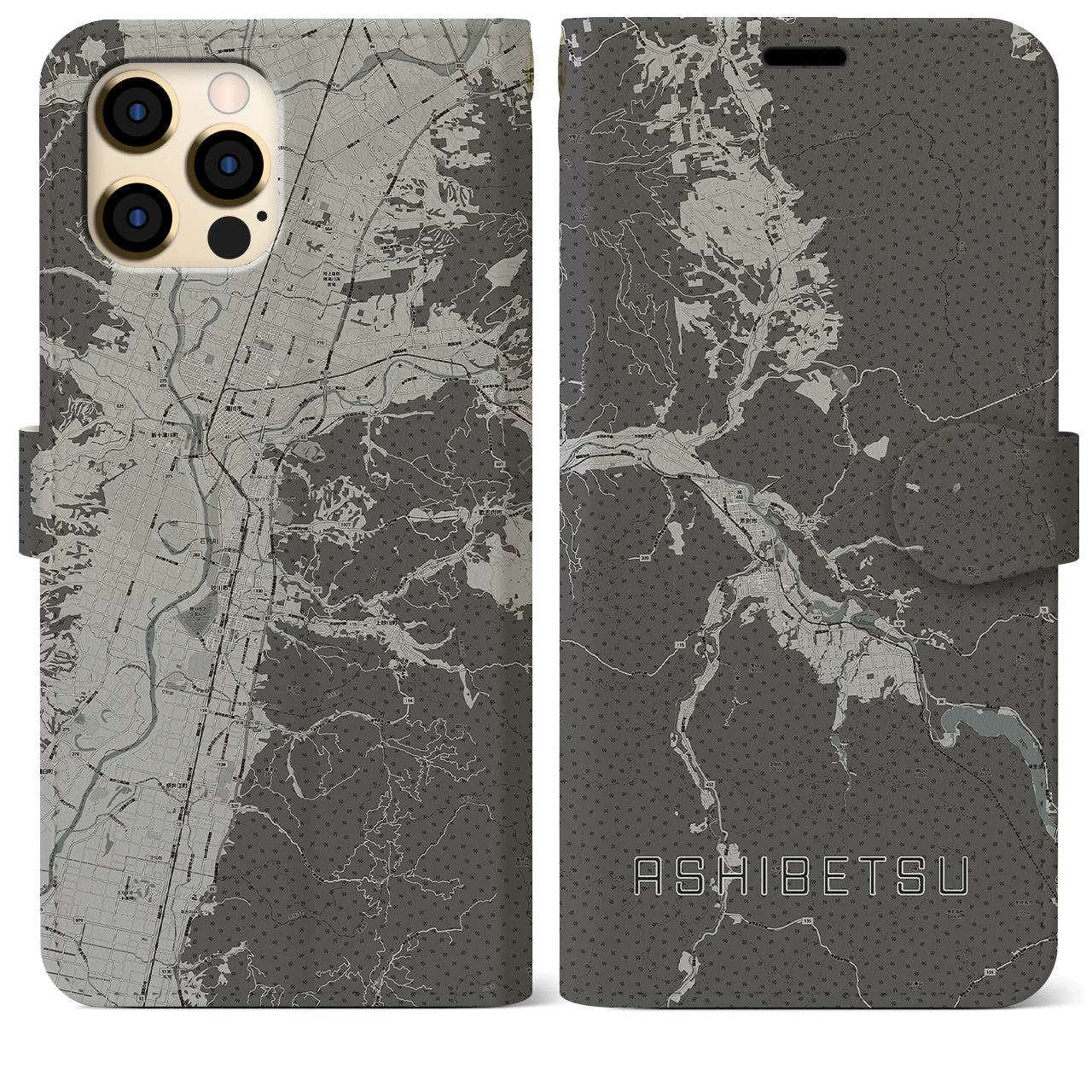 【芦別(北海道)】地図柄iPhoneケース(手帳タイプ)モノトーン・iPhone 12 Pro Max 用