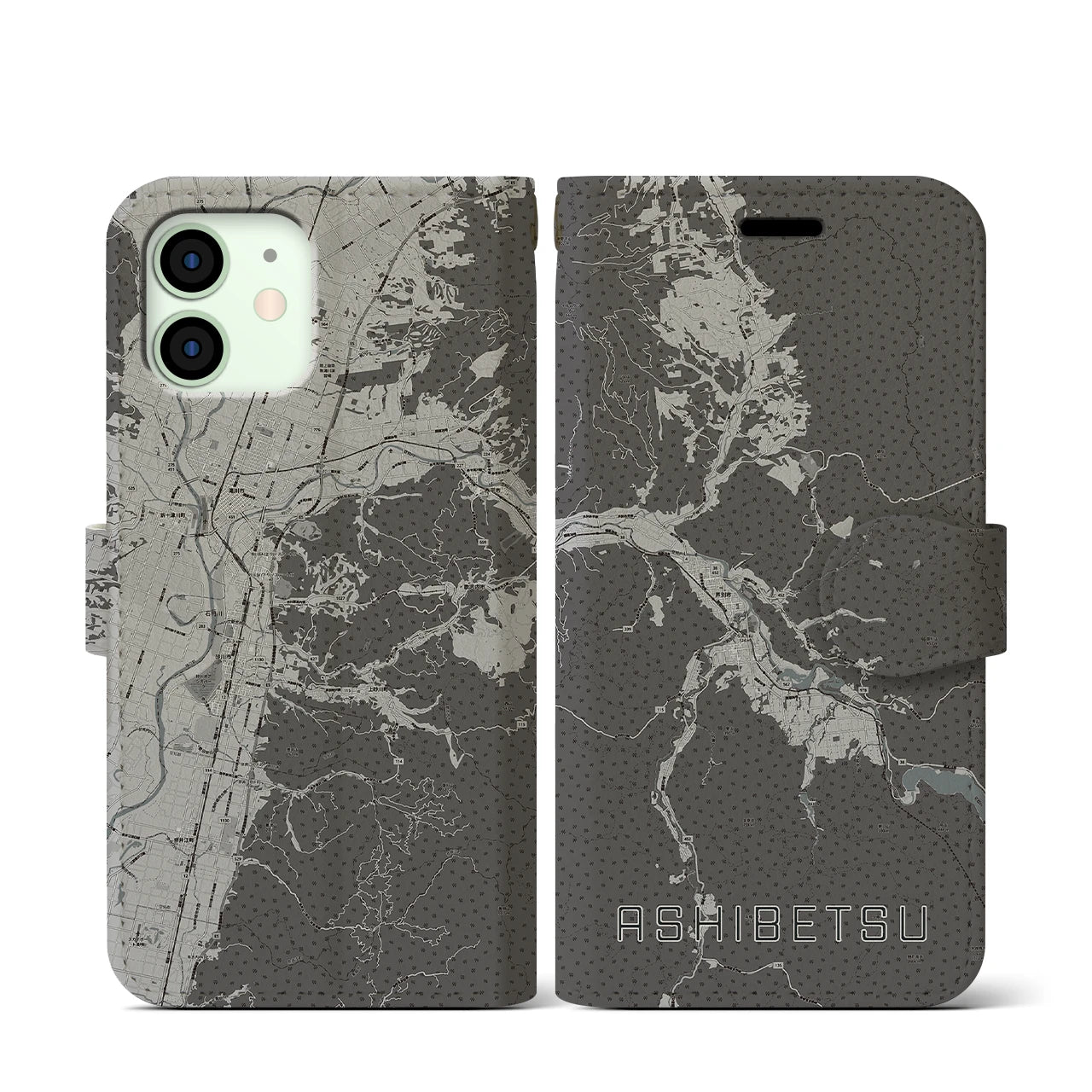 【芦別(北海道)】地図柄iPhoneケース(手帳タイプ)モノトーン・iPhone 12 mini 用