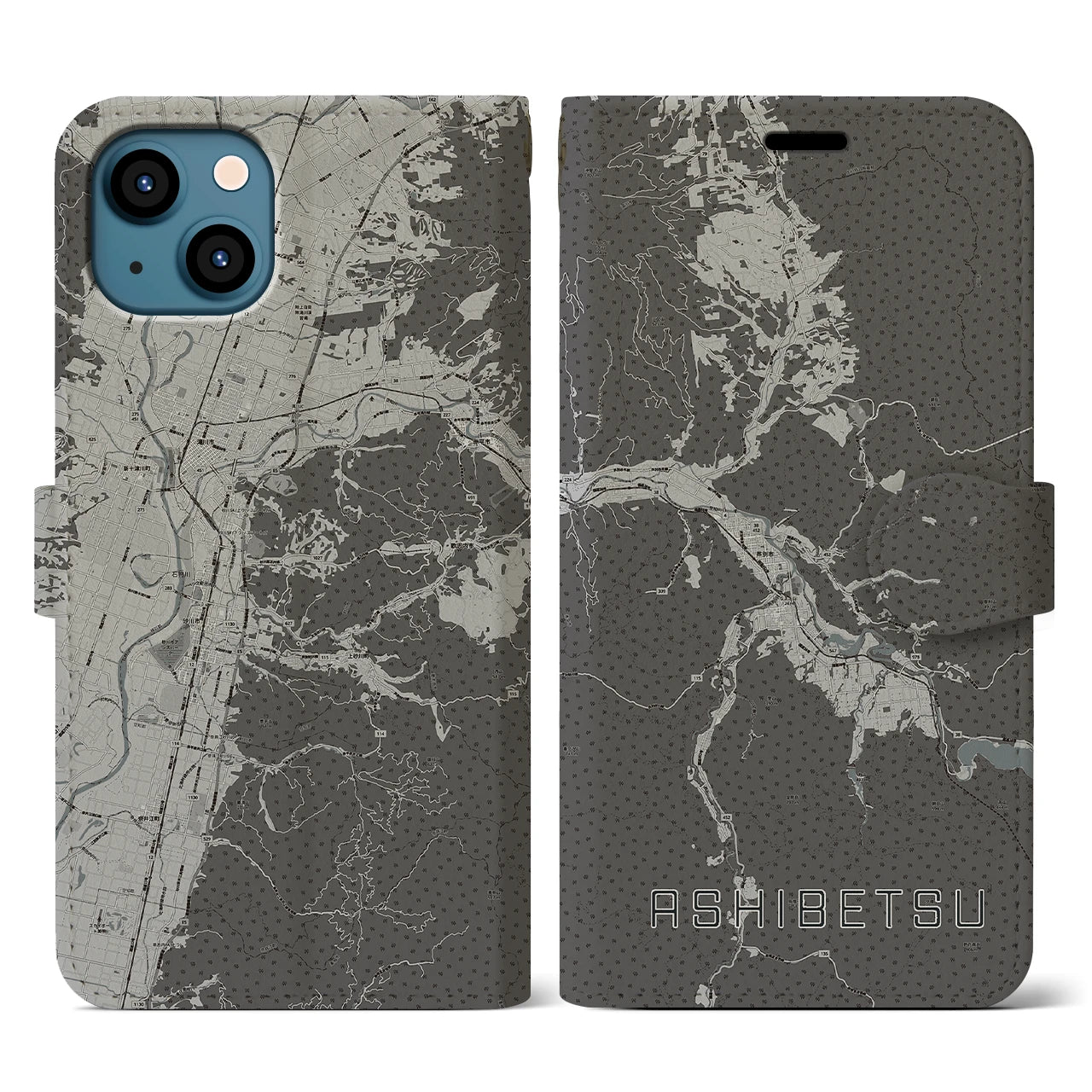 【芦別(北海道)】地図柄iPhoneケース(手帳タイプ)モノトーン・iPhone 13 用