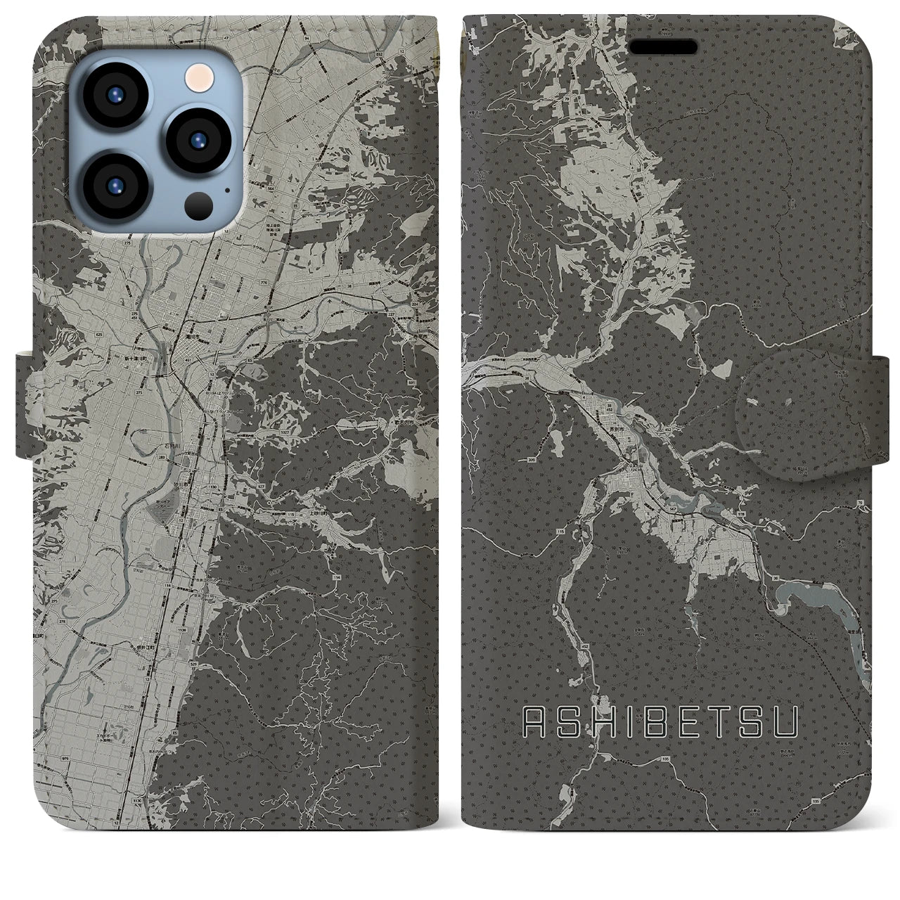 【芦別(北海道)】地図柄iPhoneケース(手帳タイプ)モノトーン・iPhone 13 Pro Max 用