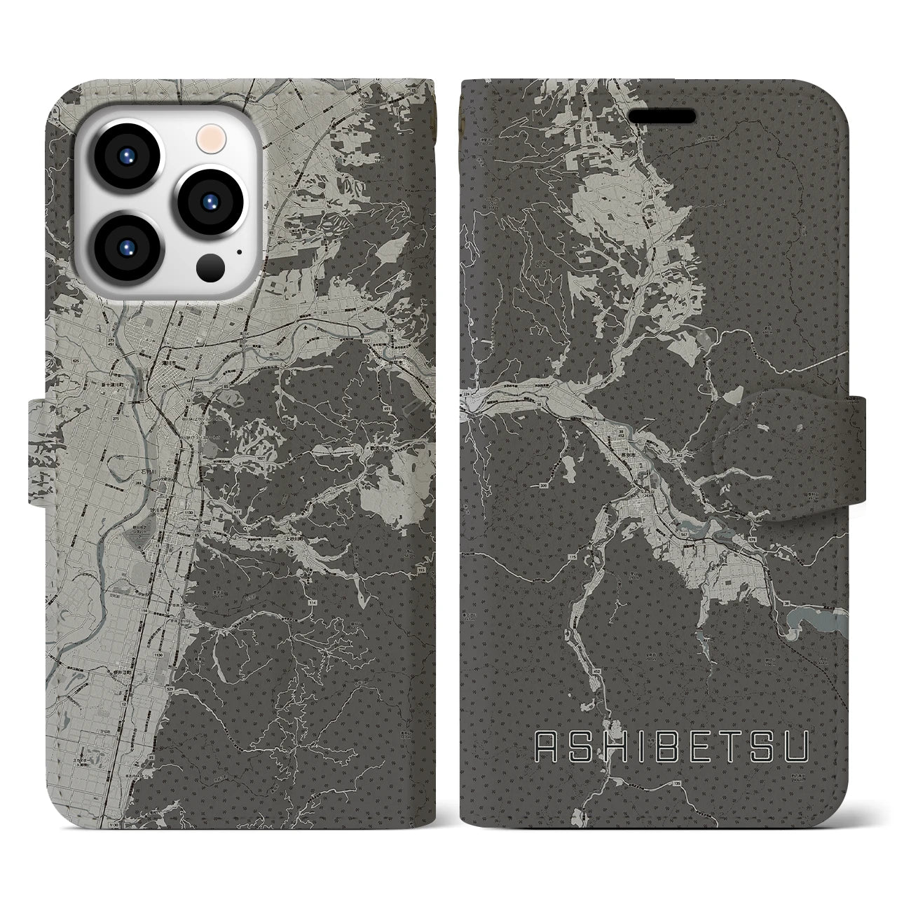 【芦別(北海道)】地図柄iPhoneケース(手帳タイプ)モノトーン・iPhone 13 Pro 用