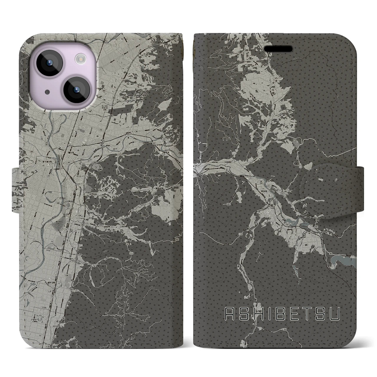 【芦別(北海道)】地図柄iPhoneケース(手帳タイプ)モノトーン・iPhone 14 用