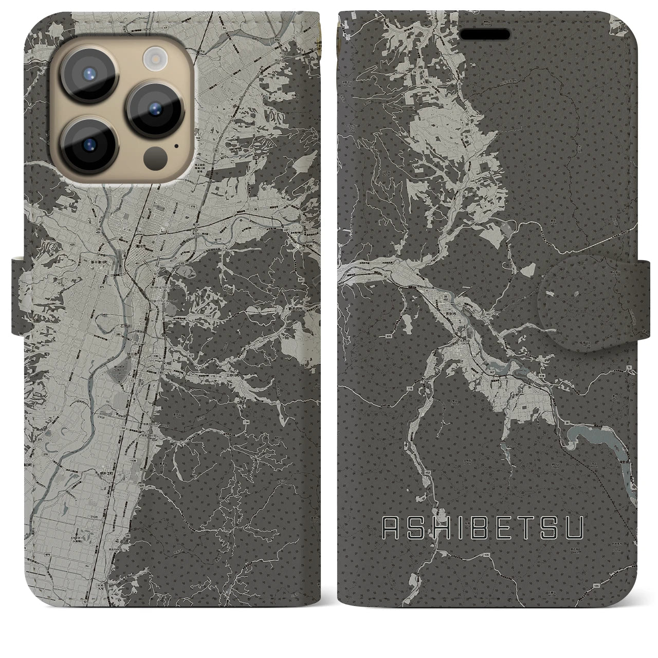 【芦別(北海道)】地図柄iPhoneケース(手帳タイプ)モノトーン・iPhone 14 Pro Max 用