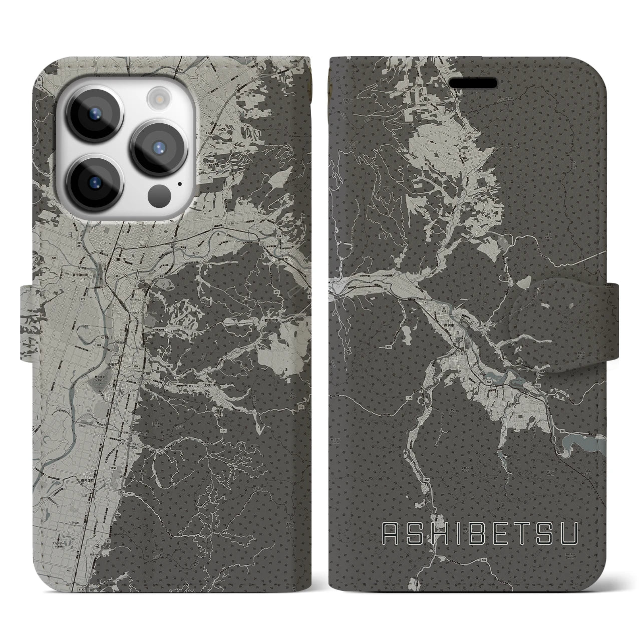 【芦別(北海道)】地図柄iPhoneケース(手帳タイプ)モノトーン・iPhone 14 Pro 用