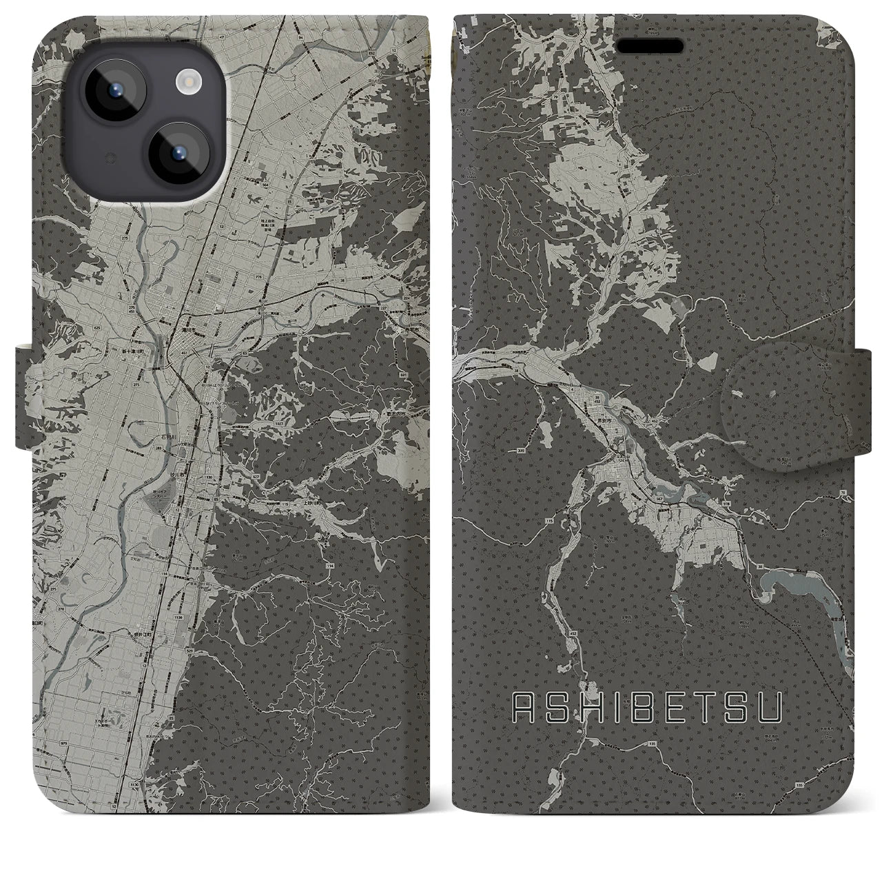 【芦別(北海道)】地図柄iPhoneケース(手帳タイプ)モノトーン・iPhone 14 Plus 用