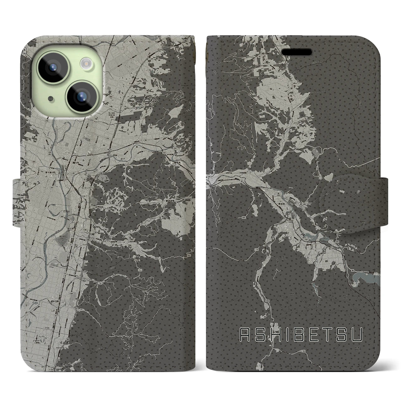 【芦別(北海道)】地図柄iPhoneケース(手帳タイプ)モノトーン・iPhone 15 用