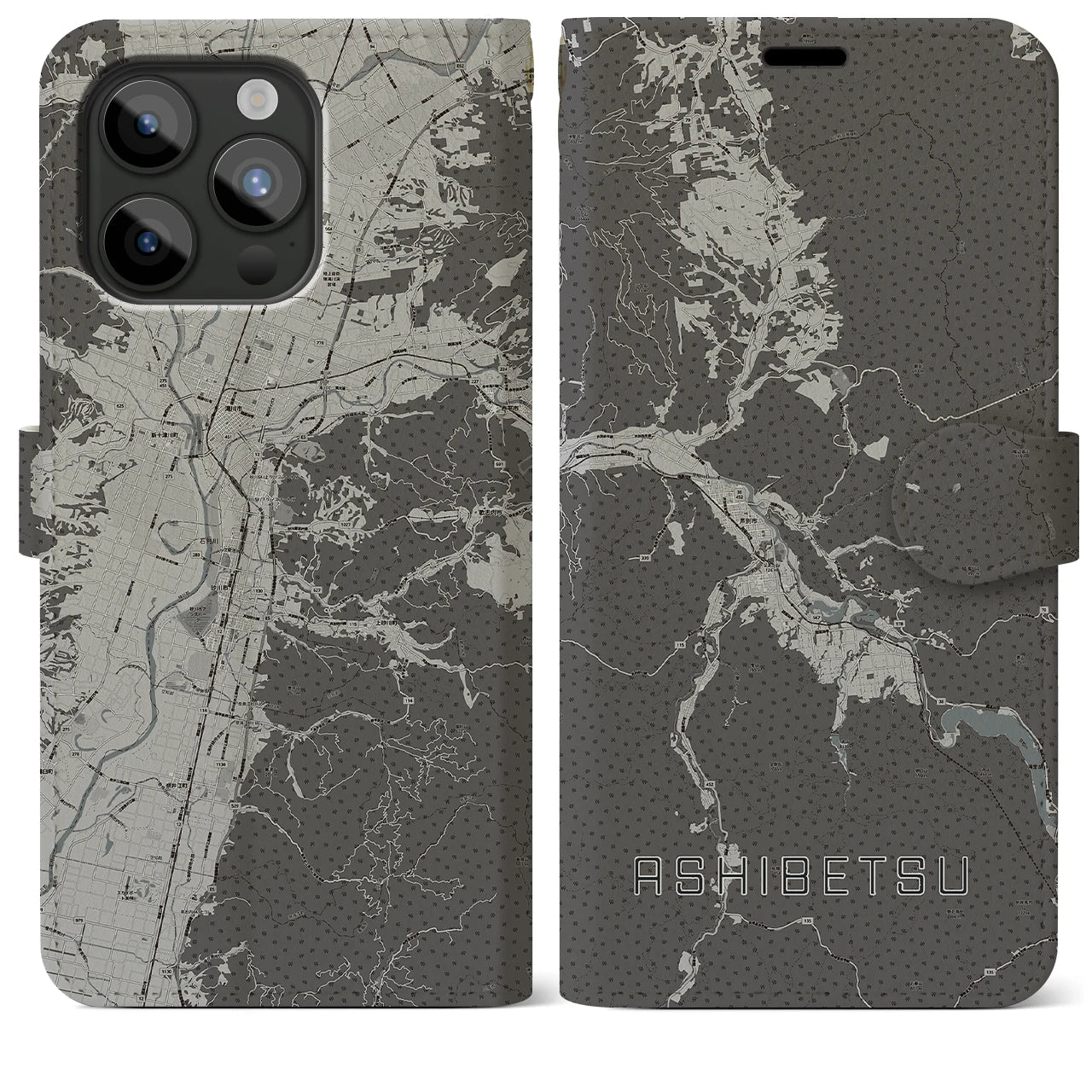 【芦別(北海道)】地図柄iPhoneケース(手帳タイプ)モノトーン・iPhone 15 Pro Max 用