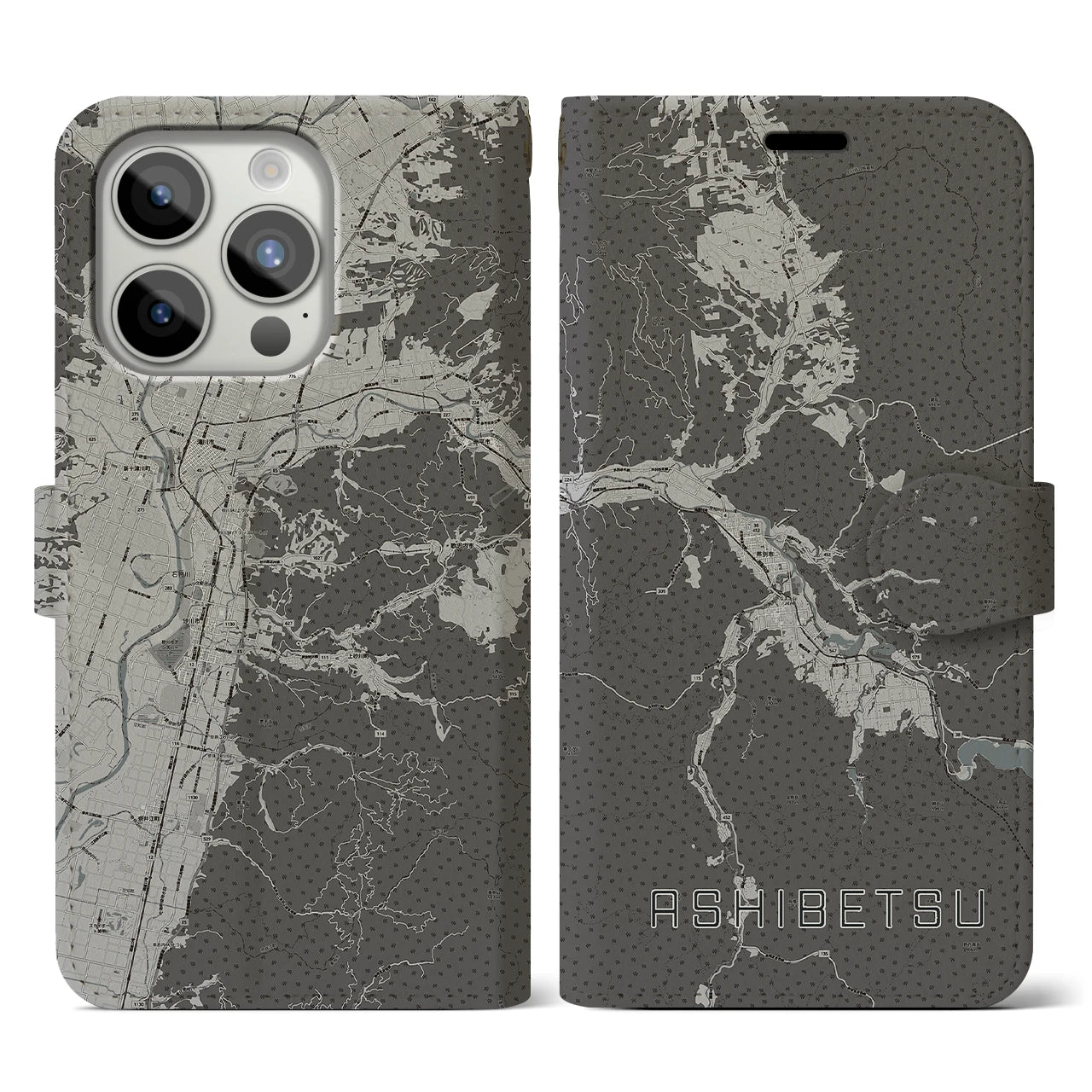 【芦別(北海道)】地図柄iPhoneケース(手帳タイプ)モノトーン・iPhone 15 Pro 用