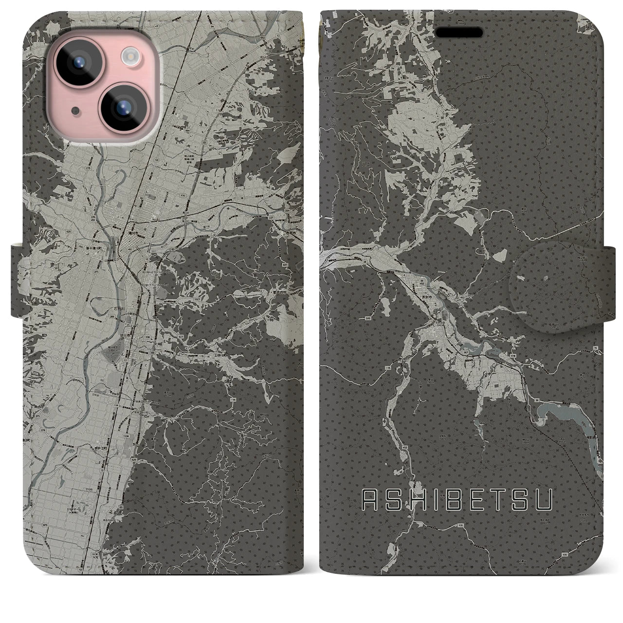 【芦別(北海道)】地図柄iPhoneケース(手帳タイプ)モノトーン・iPhone 15 Plus 用