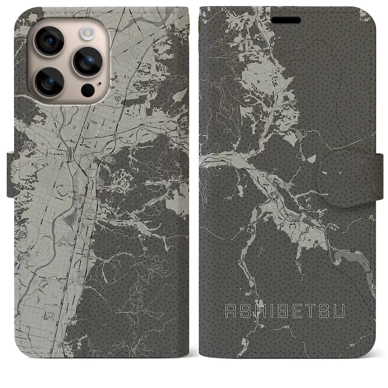 【芦別(北海道)】地図柄iPhoneケース(手帳タイプ)モノトーン・iPhone 16 Plus 用