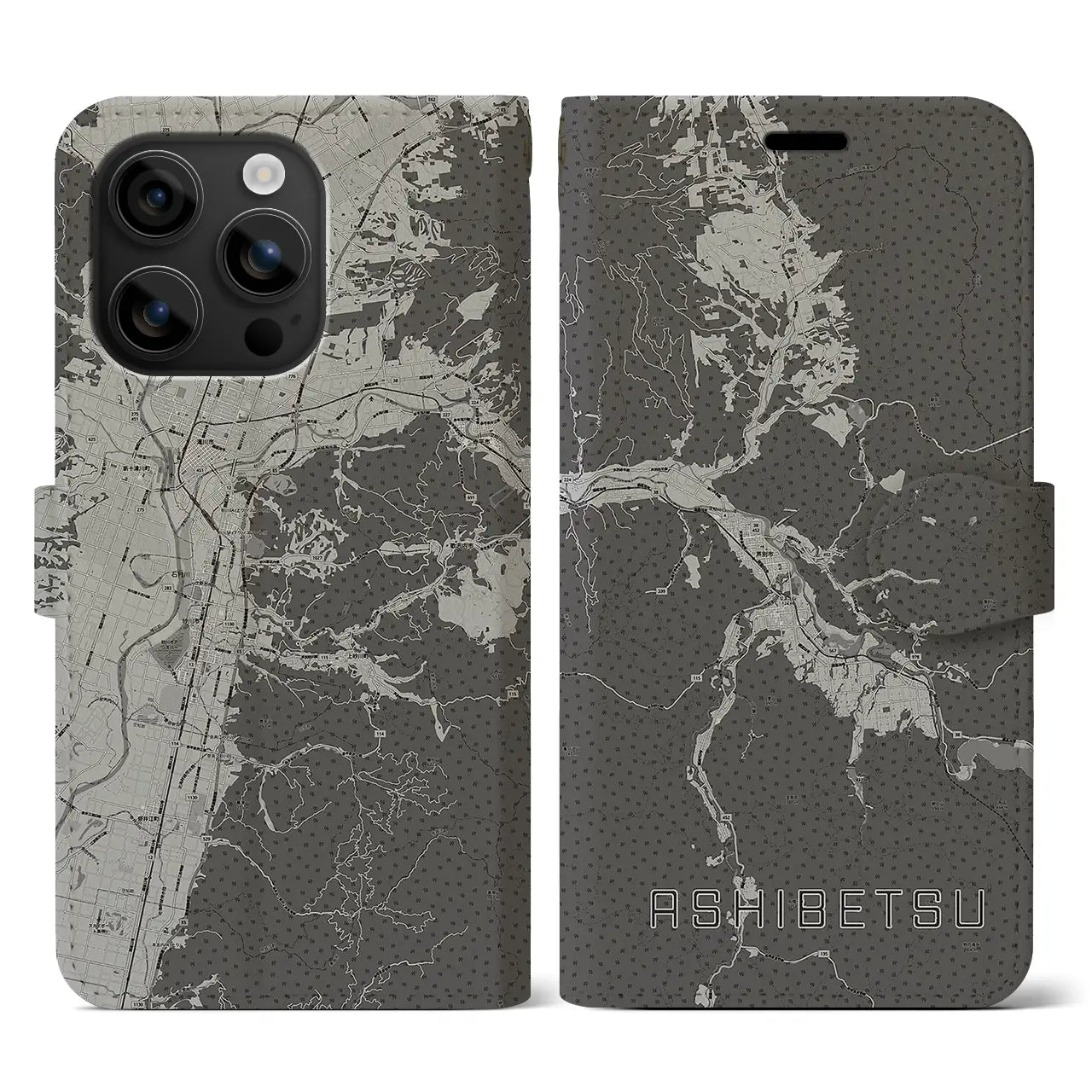 【芦別(北海道)】地図柄iPhoneケース(手帳タイプ)モノトーン・iPhone 16 用