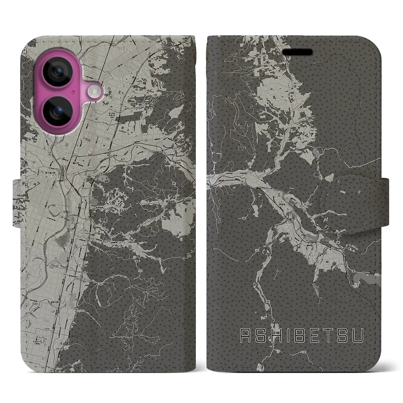 【芦別(北海道)】地図柄iPhoneケース(手帳タイプ)モノトーン・iPhone 16 Pro 用