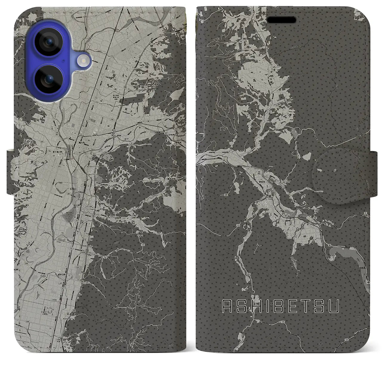 【芦別(北海道)】地図柄iPhoneケース(手帳タイプ)モノトーン・iPhone 16 Pro Max 用