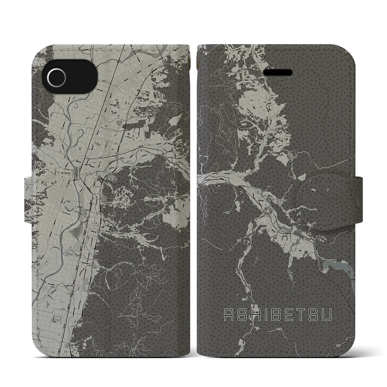 【芦別(北海道)】地図柄iPhoneケース(手帳タイプ)モノトーン・iPhone SE(第3 / 第2世代) / 8 / 7 / 6s / 6 用