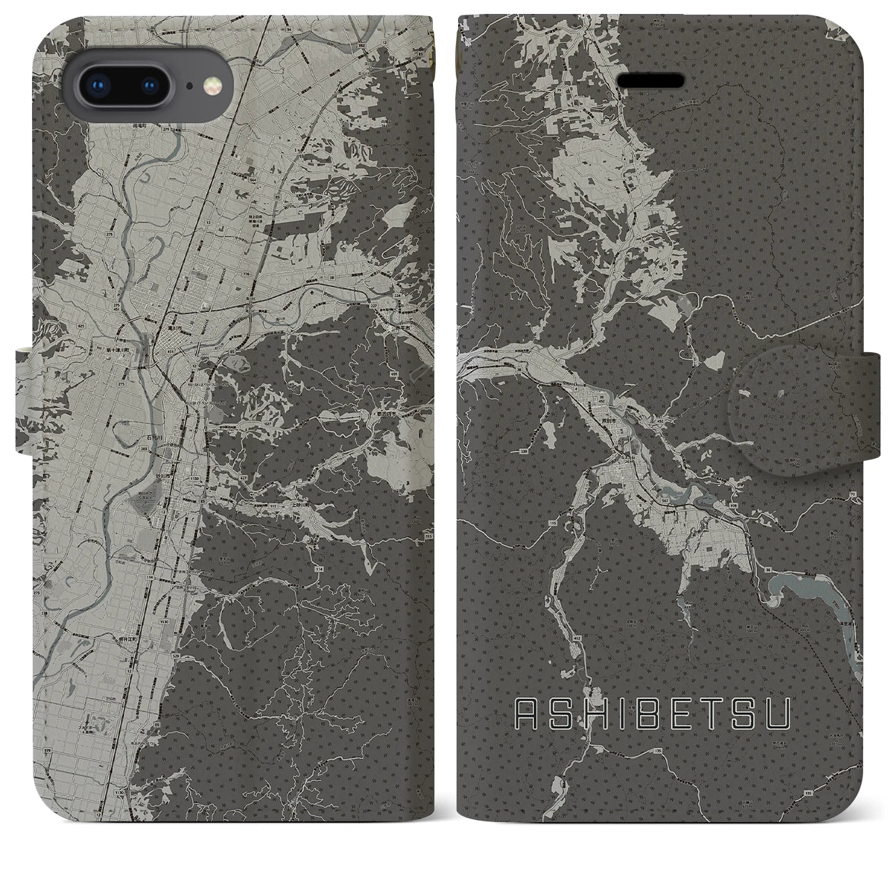 【芦別(北海道)】地図柄iPhoneケース(手帳タイプ)モノトーン・iPhone 8Plus /7Plus / 6sPlus / 6Plus 用