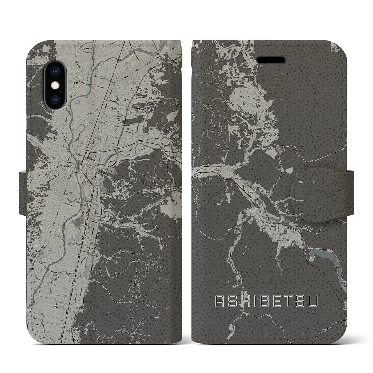 【芦別(北海道)】地図柄iPhoneケース(手帳タイプ)モノトーン・iPhone XS / X 用