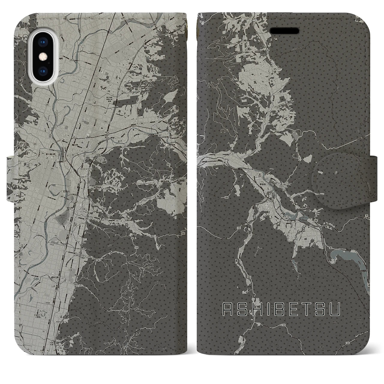 【芦別(北海道)】地図柄iPhoneケース(手帳タイプ)モノトーン・iPhone XS Max 用