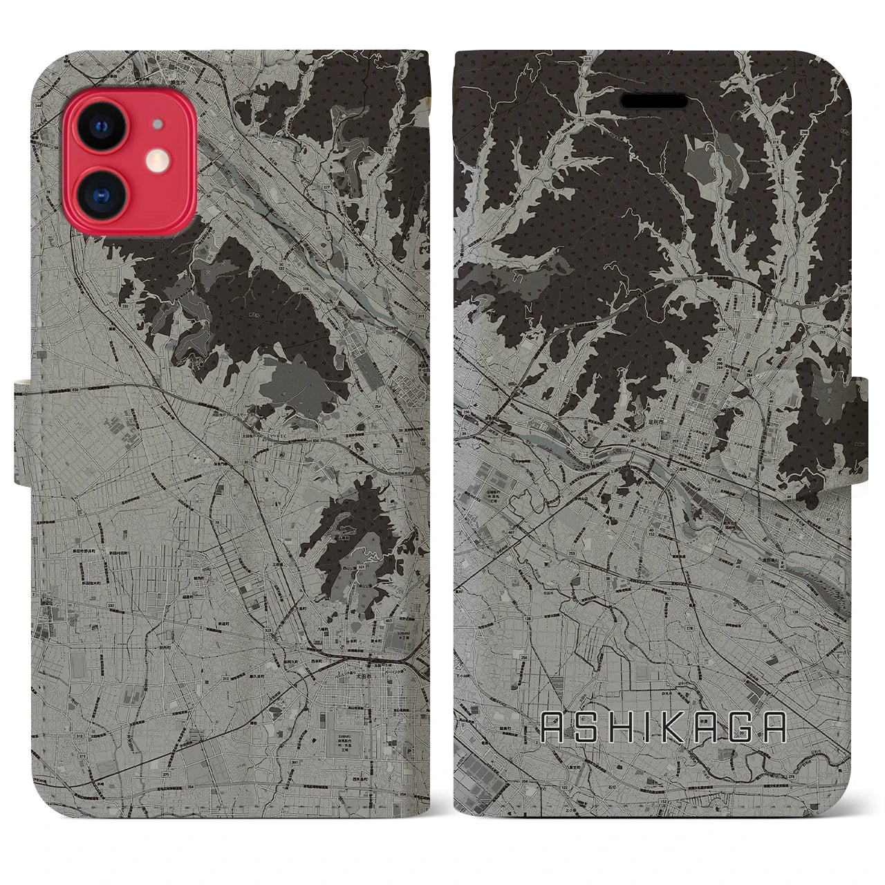 【足利(栃木県)】地図柄iPhoneケース(手帳タイプ)モノトーン・iPhone 11 用