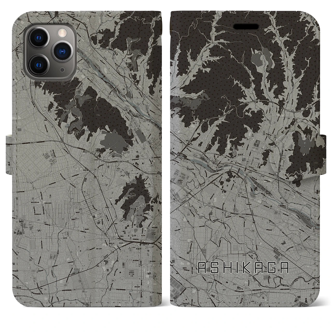 【足利(栃木県)】地図柄iPhoneケース(手帳タイプ)モノトーン・iPhone 11 Pro Max 用