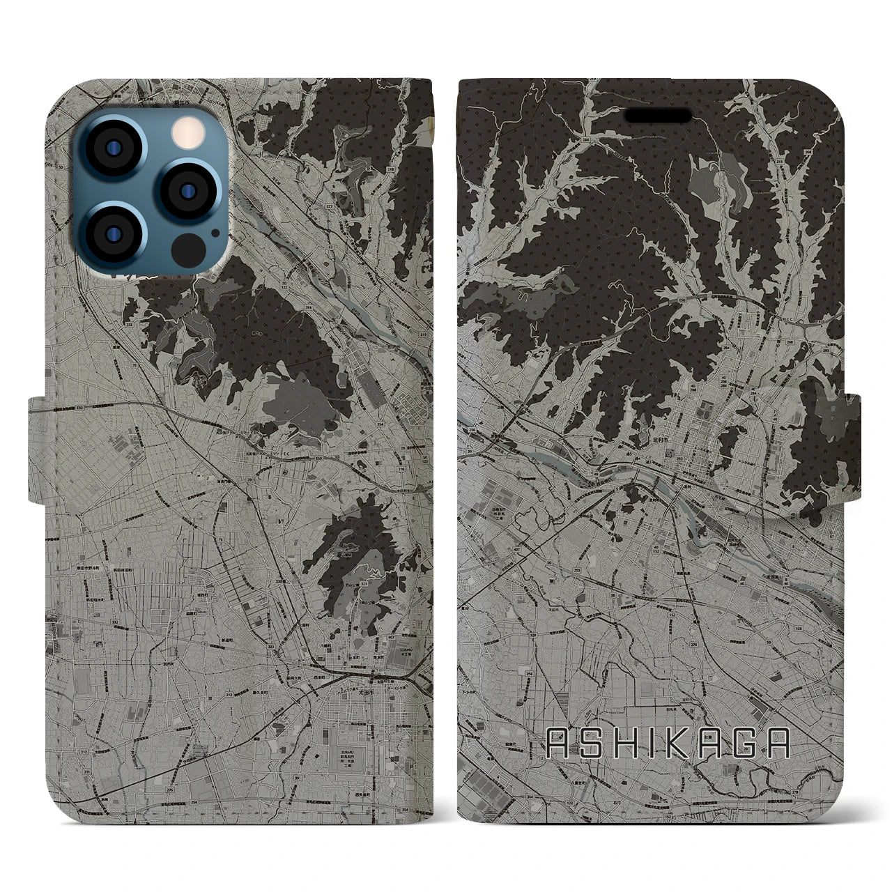 【足利(栃木県)】地図柄iPhoneケース(手帳タイプ)モノトーン・iPhone 12 / 12 Pro 用