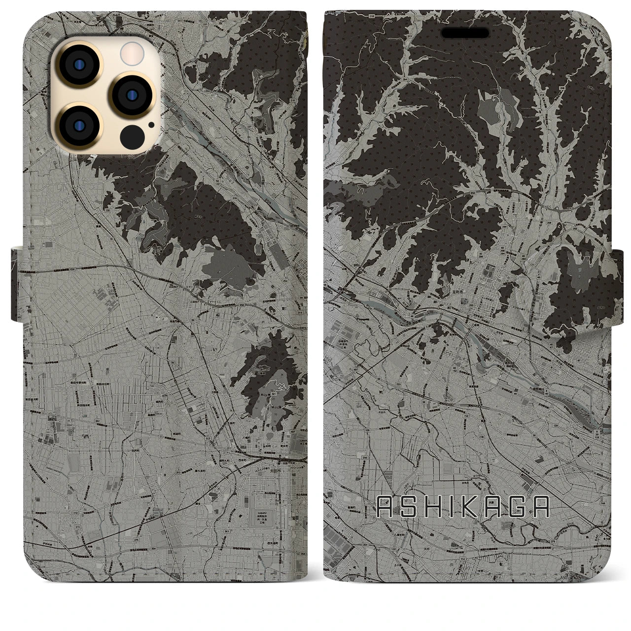 【足利(栃木県)】地図柄iPhoneケース(手帳タイプ)モノトーン・iPhone 12 Pro Max 用