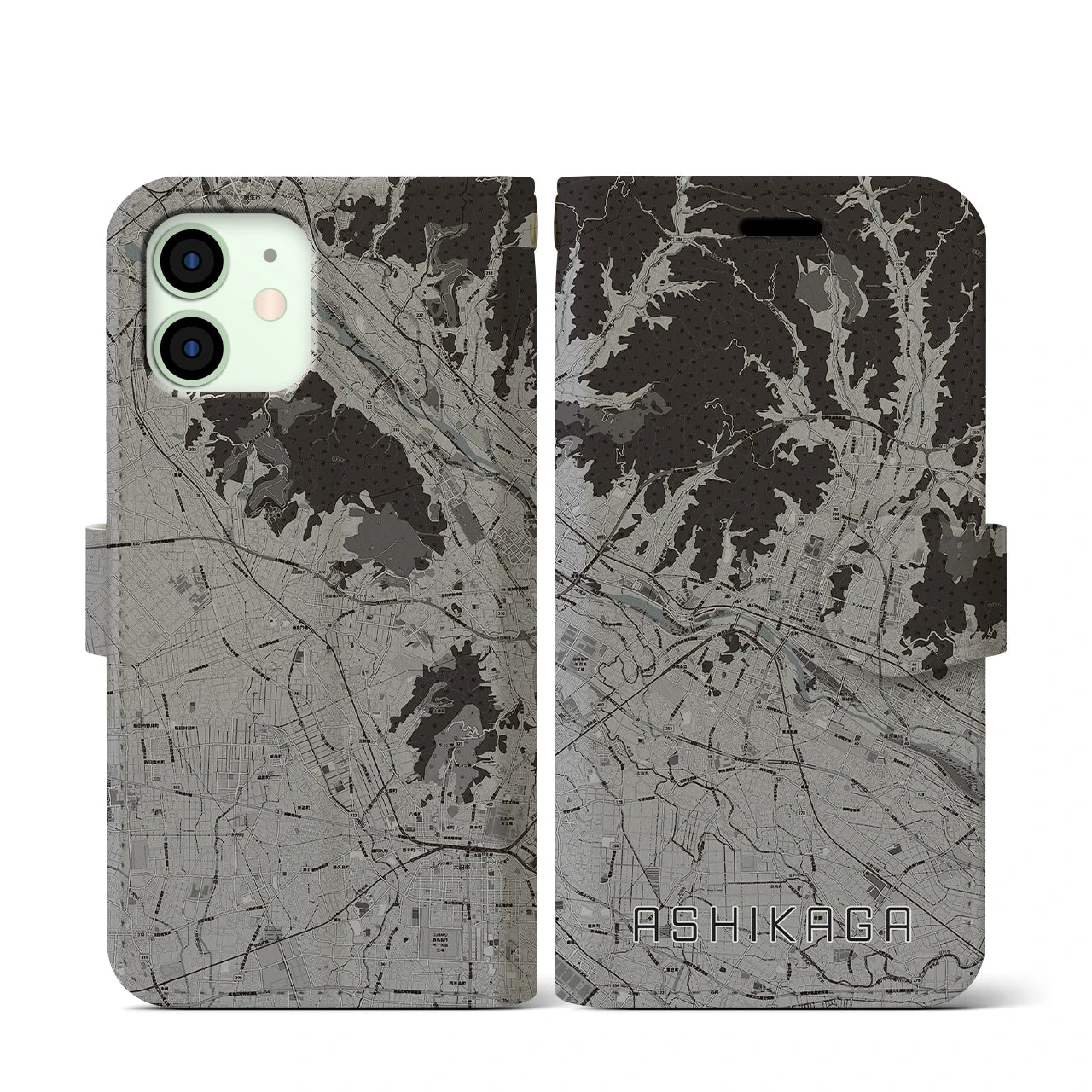 【足利(栃木県)】地図柄iPhoneケース(手帳タイプ)モノトーン・iPhone 12 mini 用