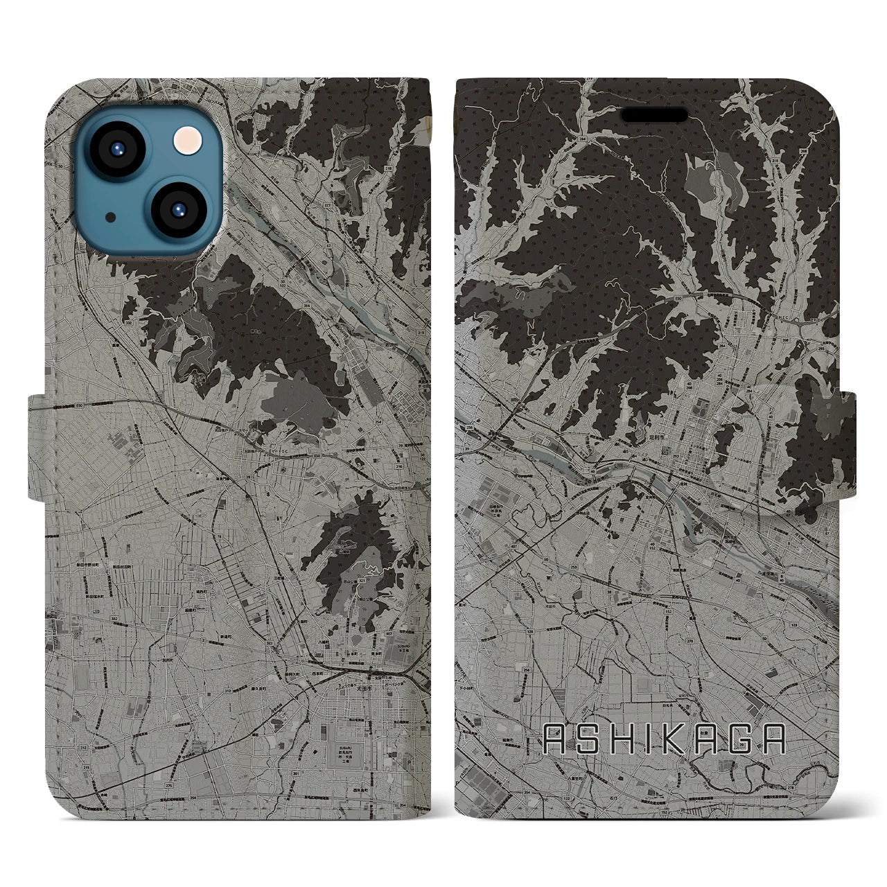 【足利(栃木県)】地図柄iPhoneケース(手帳タイプ)モノトーン・iPhone 13 用