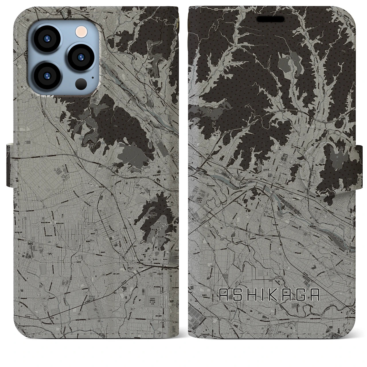 【足利(栃木県)】地図柄iPhoneケース(手帳タイプ)モノトーン・iPhone 13 Pro Max 用