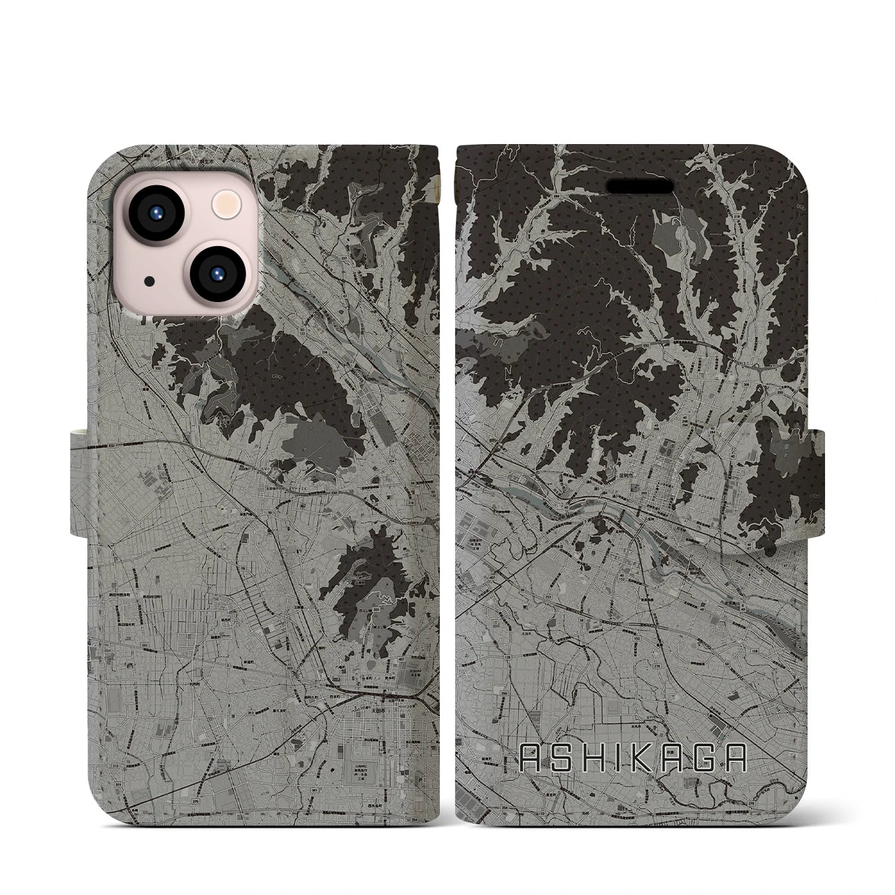【足利(栃木県)】地図柄iPhoneケース(手帳タイプ)モノトーン・iPhone 13 mini 用