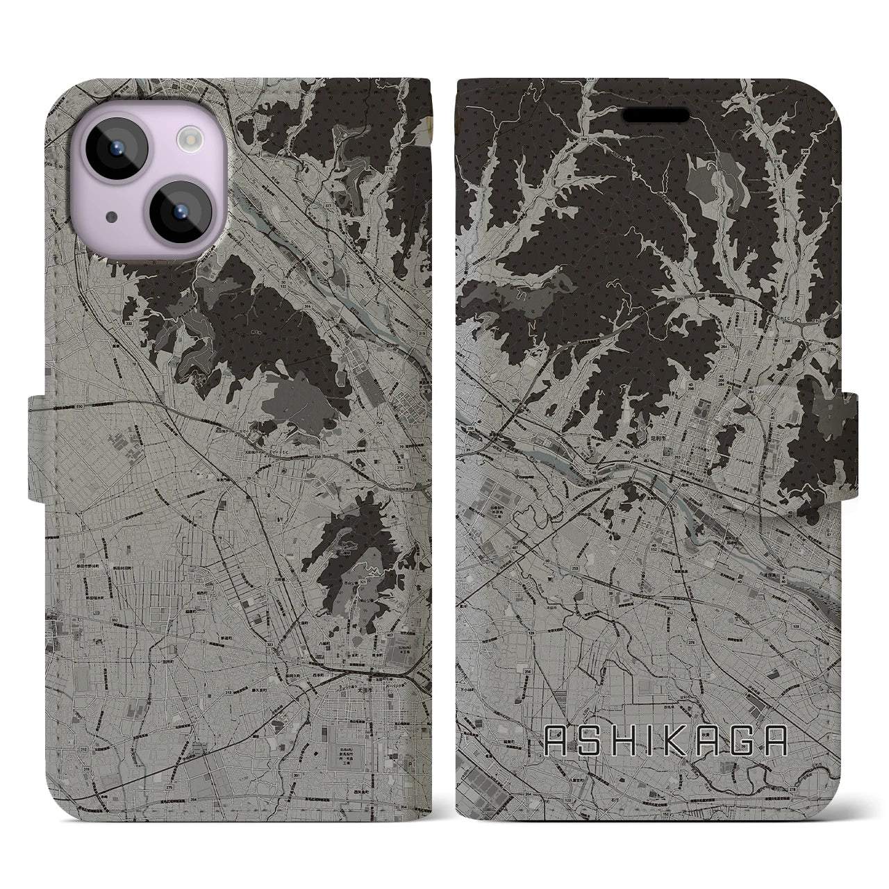 【足利(栃木県)】地図柄iPhoneケース(手帳タイプ)モノトーン・iPhone 14 用