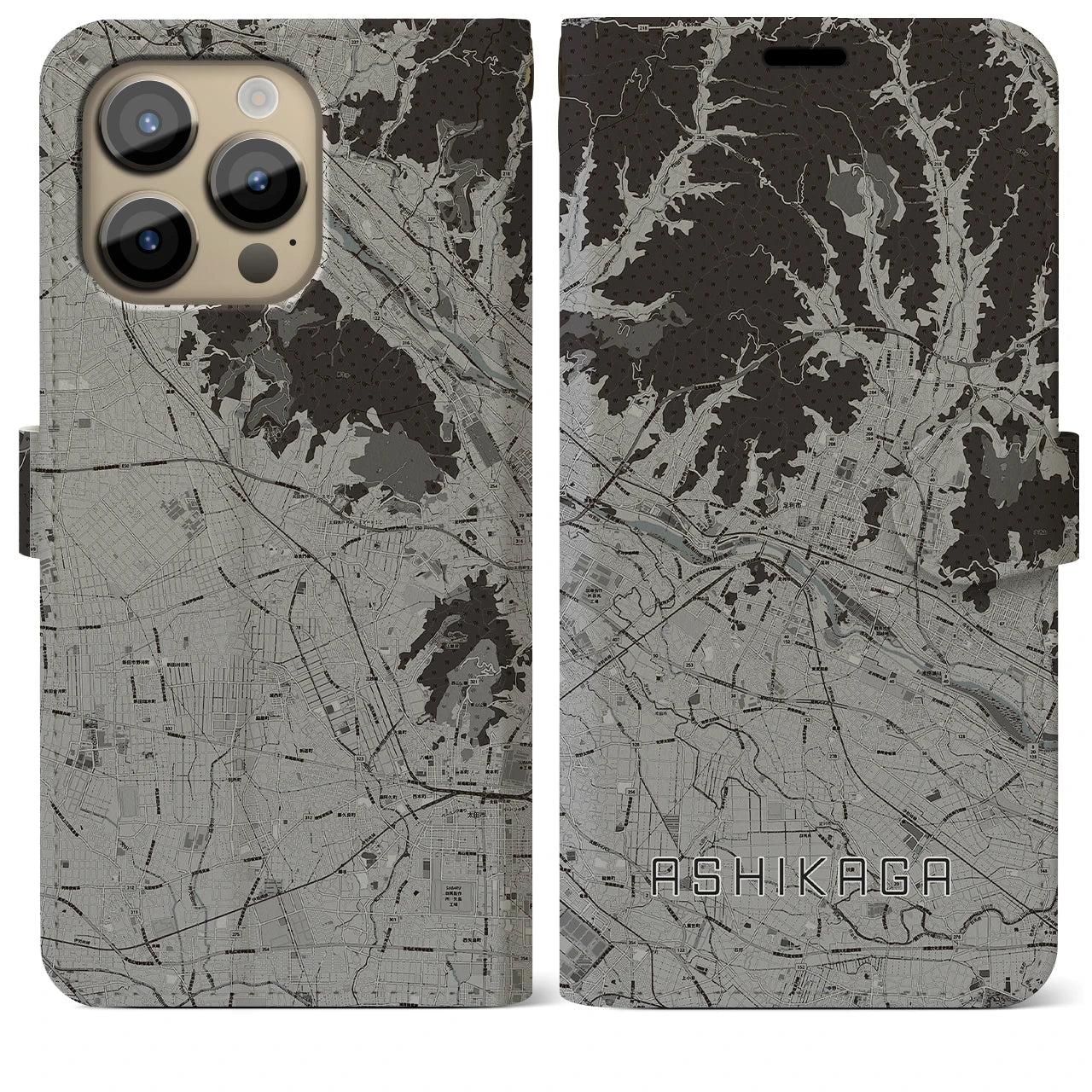 【足利(栃木県)】地図柄iPhoneケース(手帳タイプ)モノトーン・iPhone 14 Pro Max 用