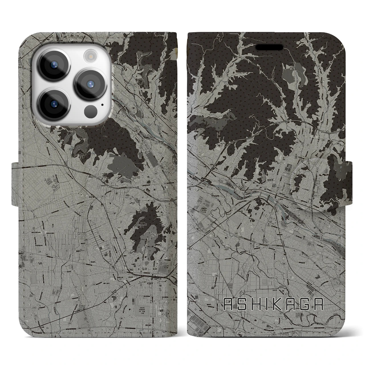 【足利(栃木県)】地図柄iPhoneケース(手帳タイプ)モノトーン・iPhone 14 Pro 用