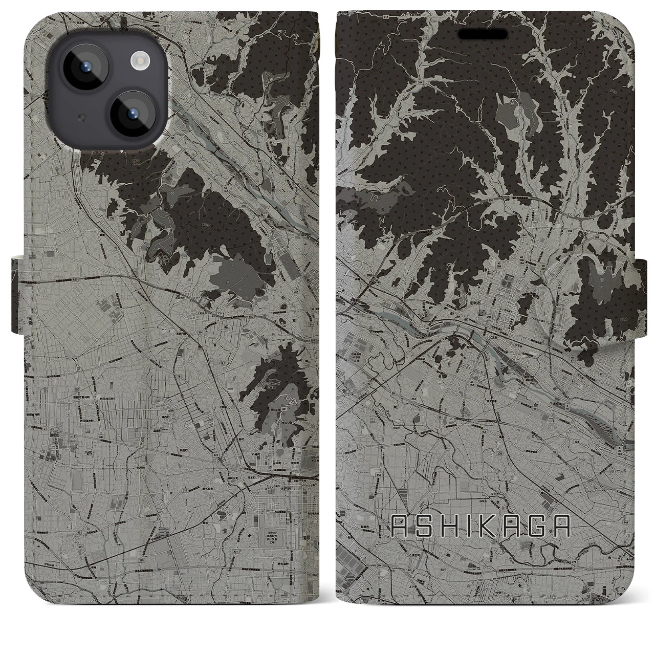 【足利(栃木県)】地図柄iPhoneケース(手帳タイプ)モノトーン・iPhone 14 Plus 用