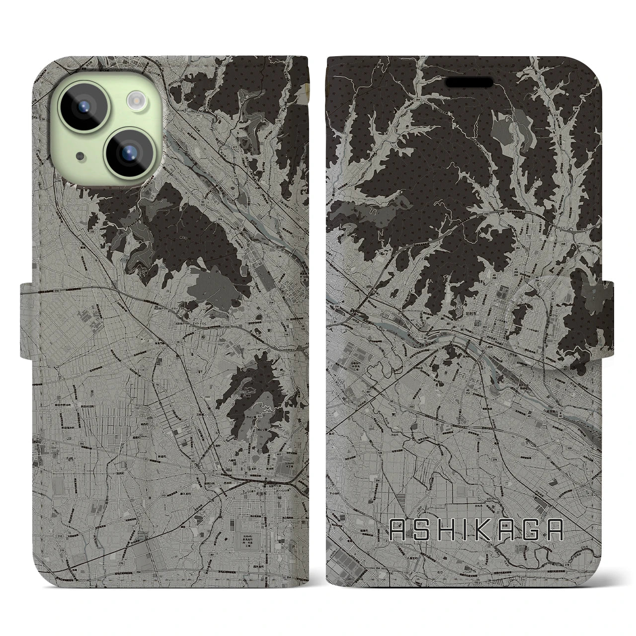 【足利(栃木県)】地図柄iPhoneケース(手帳タイプ)モノトーン・iPhone 15 用
