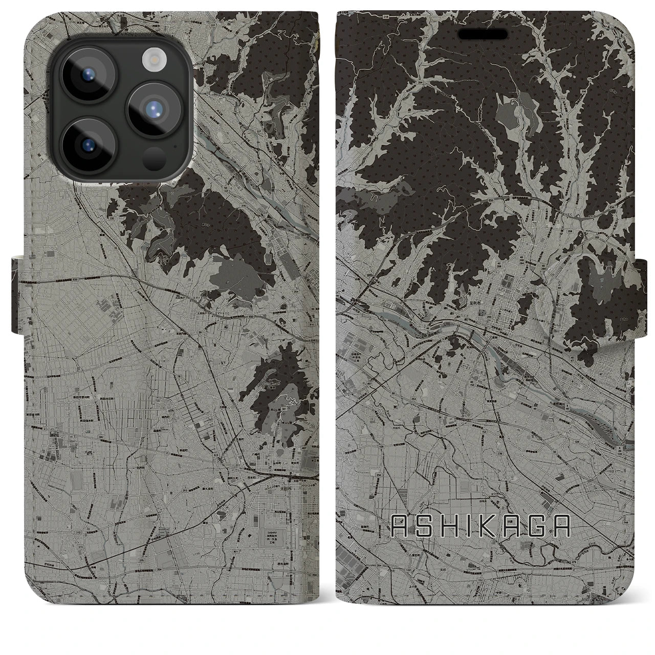 【足利(栃木県)】地図柄iPhoneケース(手帳タイプ)モノトーン・iPhone 15 Pro Max 用