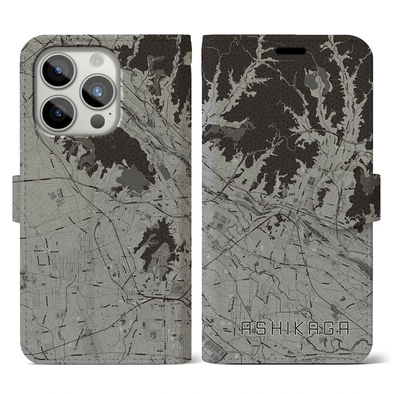 【足利(栃木県)】地図柄iPhoneケース(手帳タイプ)モノトーン・iPhone 15 Pro 用