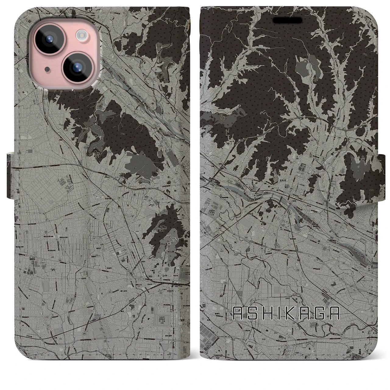 【足利(栃木県)】地図柄iPhoneケース(手帳タイプ)モノトーン・iPhone 15 Plus 用