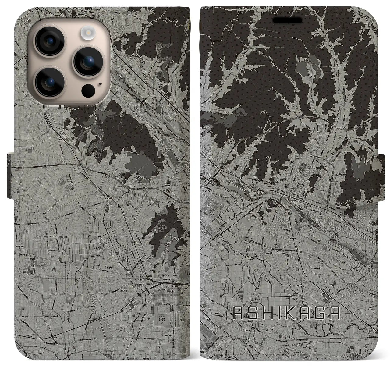 【足利(栃木県)】地図柄iPhoneケース(手帳タイプ)モノトーン・iPhone 16 Plus 用