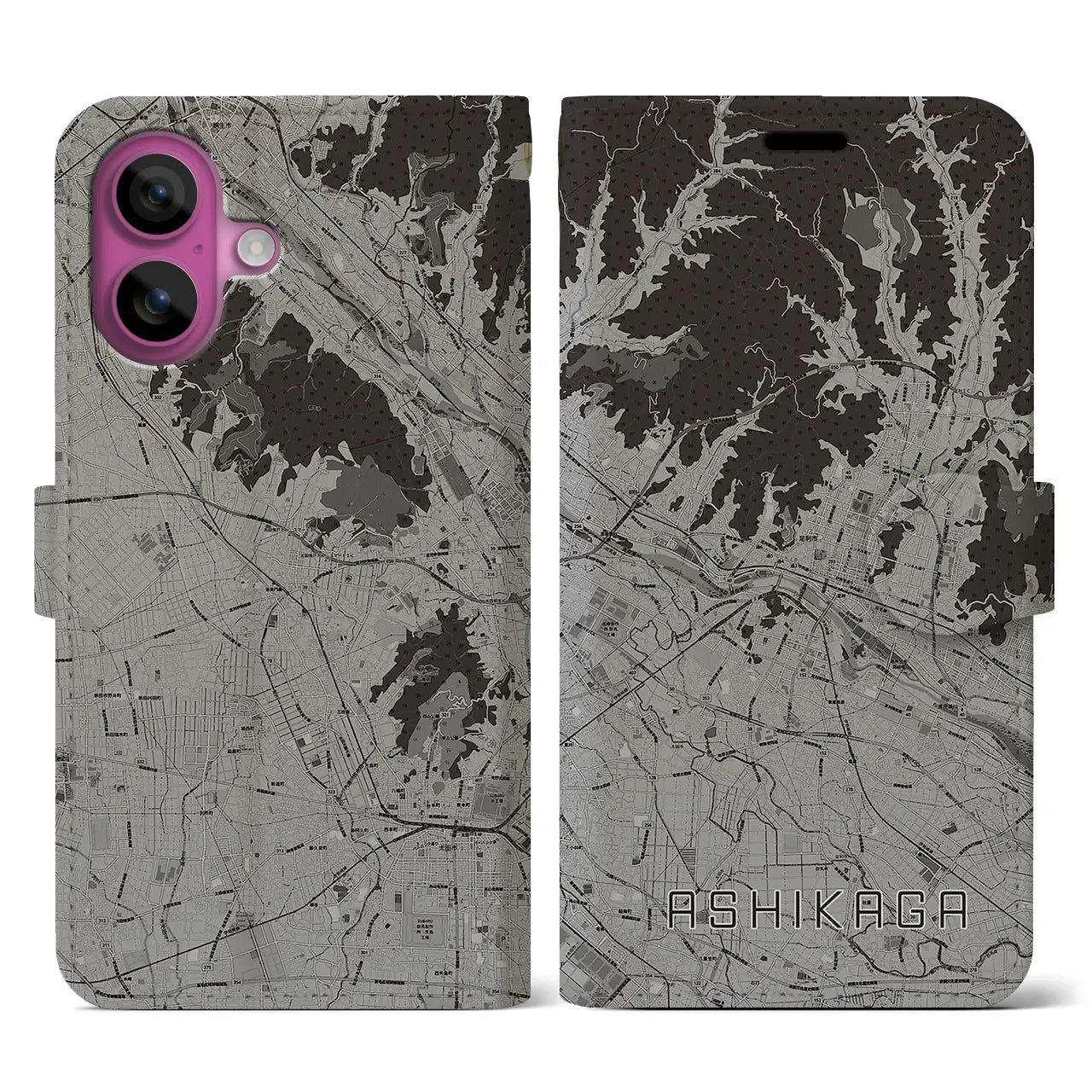【足利(栃木県)】地図柄iPhoneケース(手帳タイプ)モノトーン・iPhone 16 Pro 用