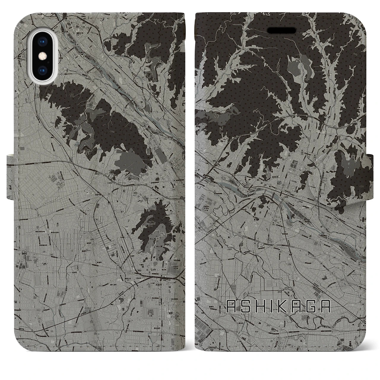 【足利(栃木県)】地図柄iPhoneケース(手帳タイプ)モノトーン・iPhone XS Max 用