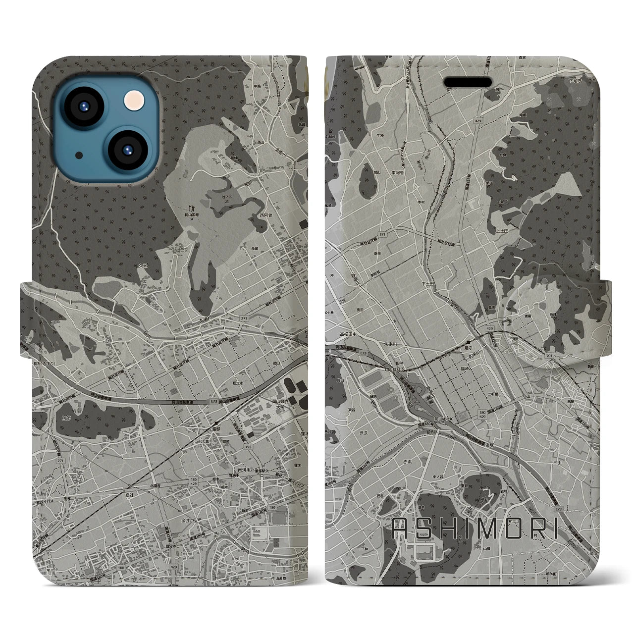 【足守(岡山県)】地図柄iPhoneケース(手帳タイプ)