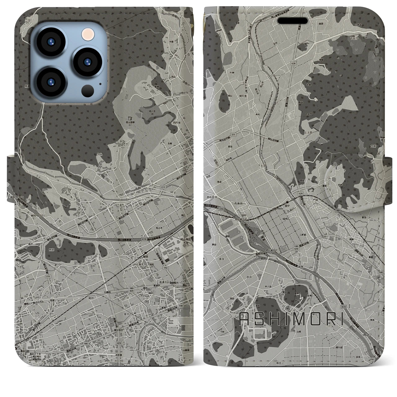 【足守(岡山県)】地図柄iPhoneケース(手帳タイプ)