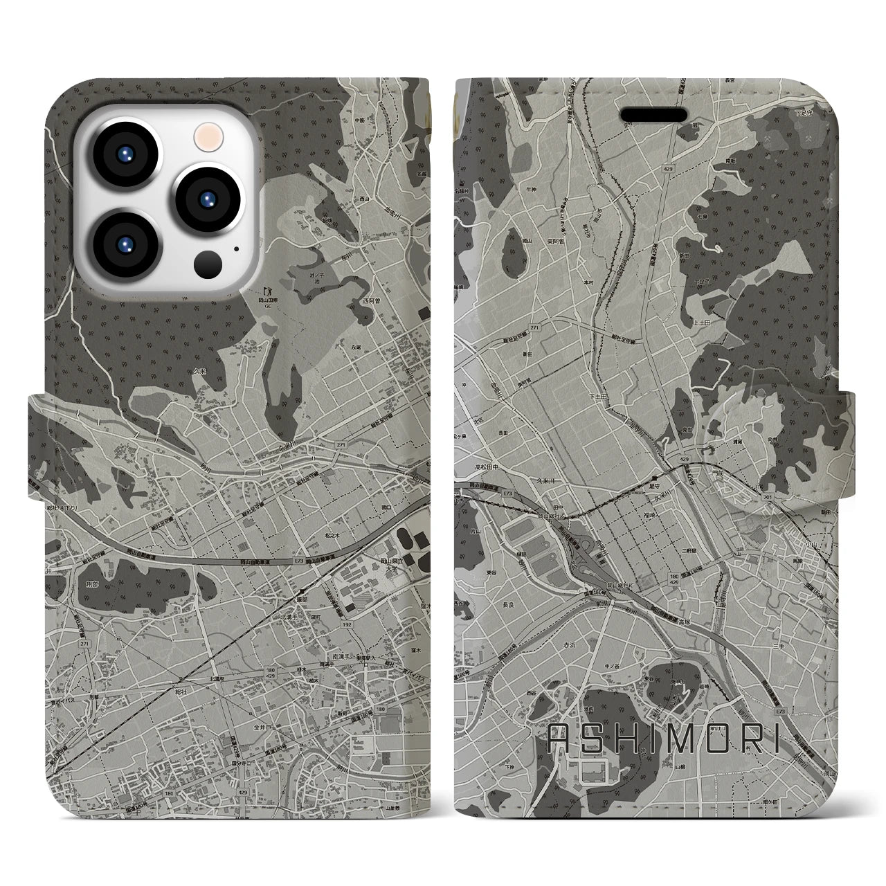 【足守(岡山県)】地図柄iPhoneケース(手帳タイプ)