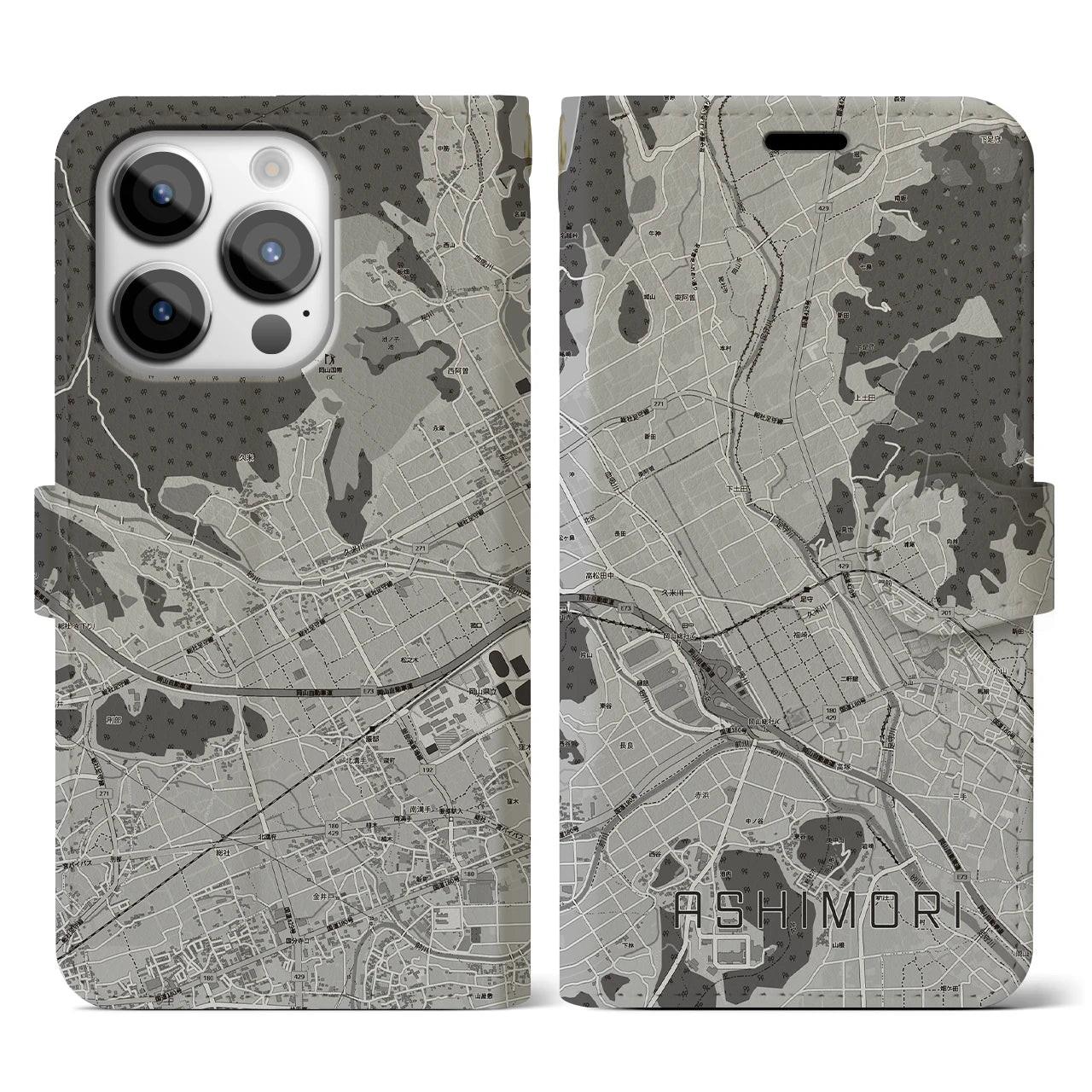 【足守(岡山県)】地図柄iPhoneケース(手帳タイプ)