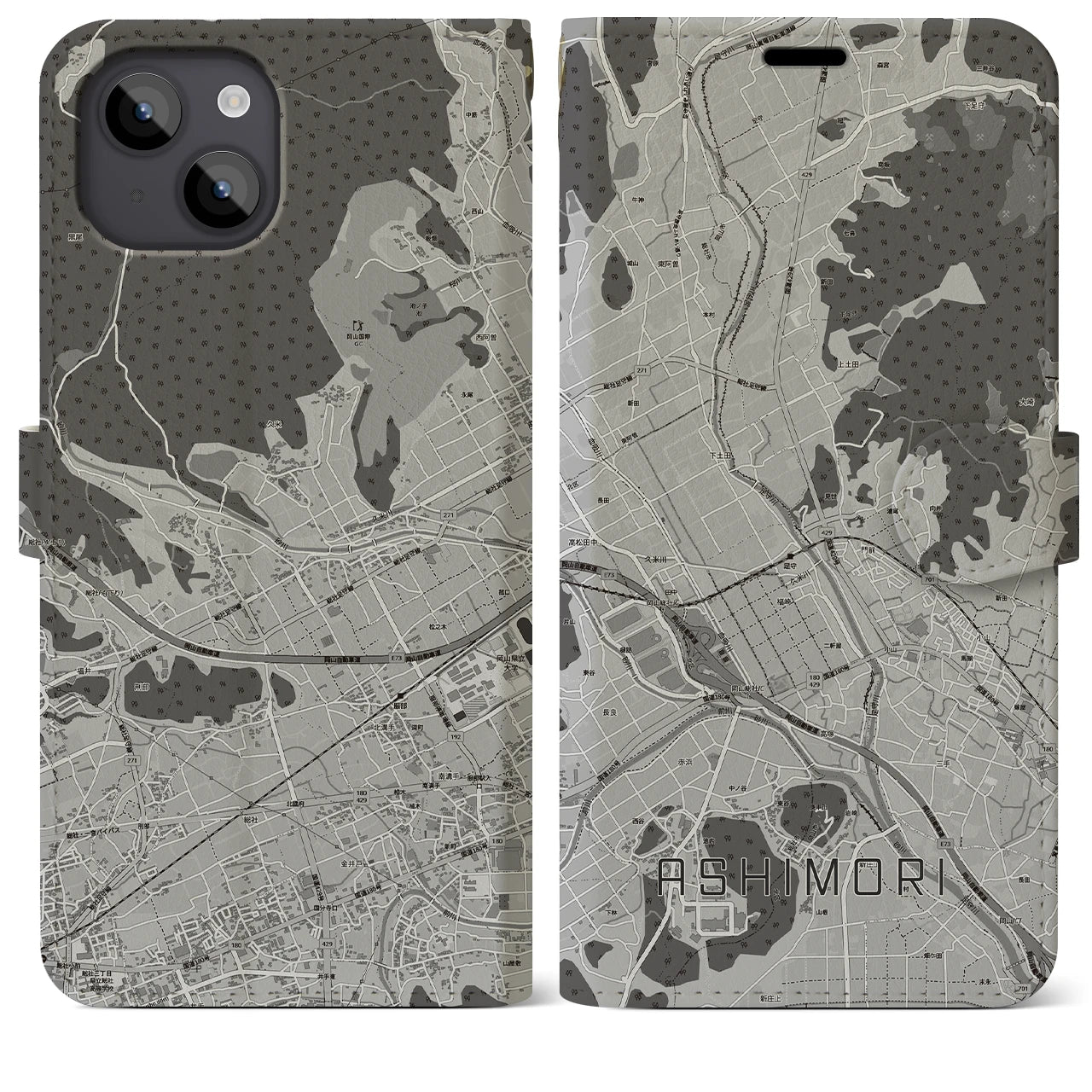 【足守(岡山県)】地図柄iPhoneケース(手帳タイプ)