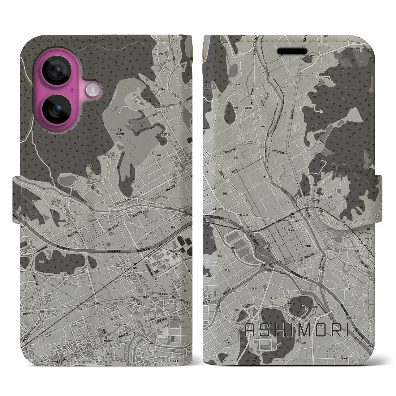 【足守(岡山県)】地図柄iPhoneケース(手帳タイプ)