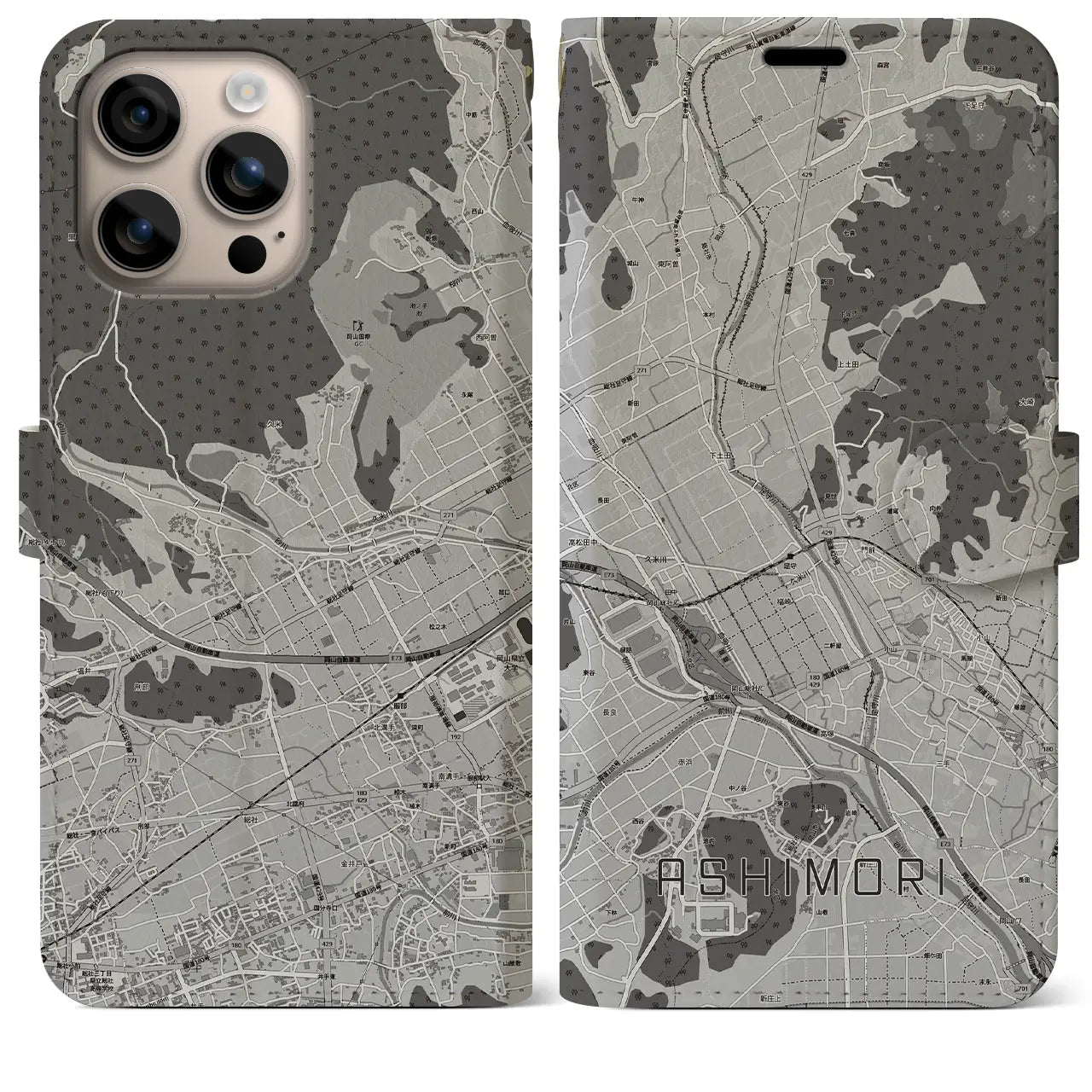 【足守(岡山県)】地図柄iPhoneケース(手帳タイプ)