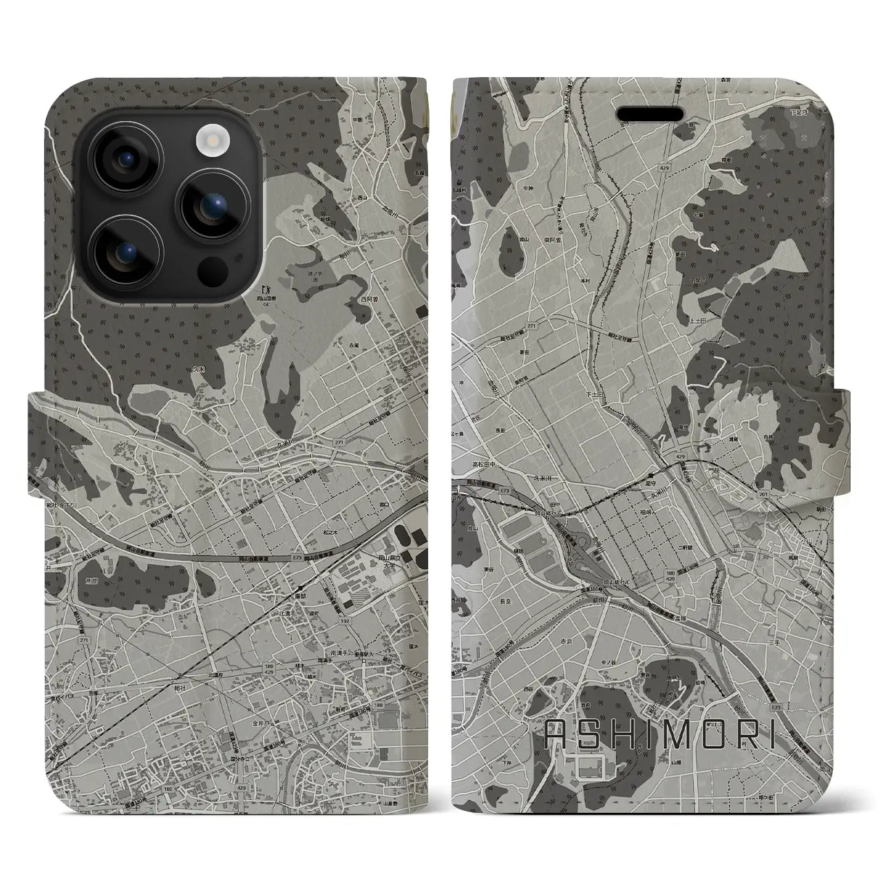 【足守(岡山県)】地図柄iPhoneケース(手帳タイプ)