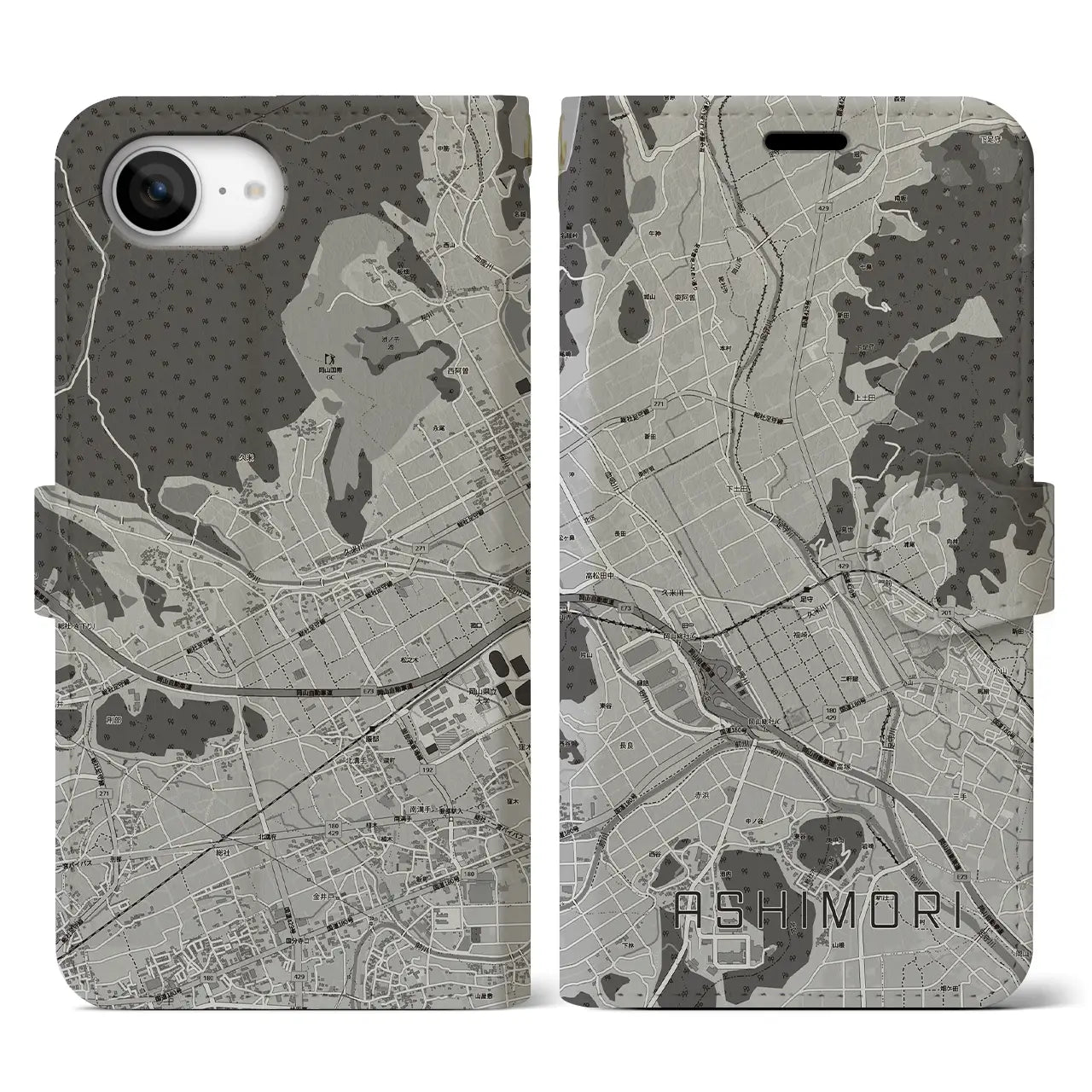 【足守(岡山県)】地図柄iPhoneケース(手帳タイプ)